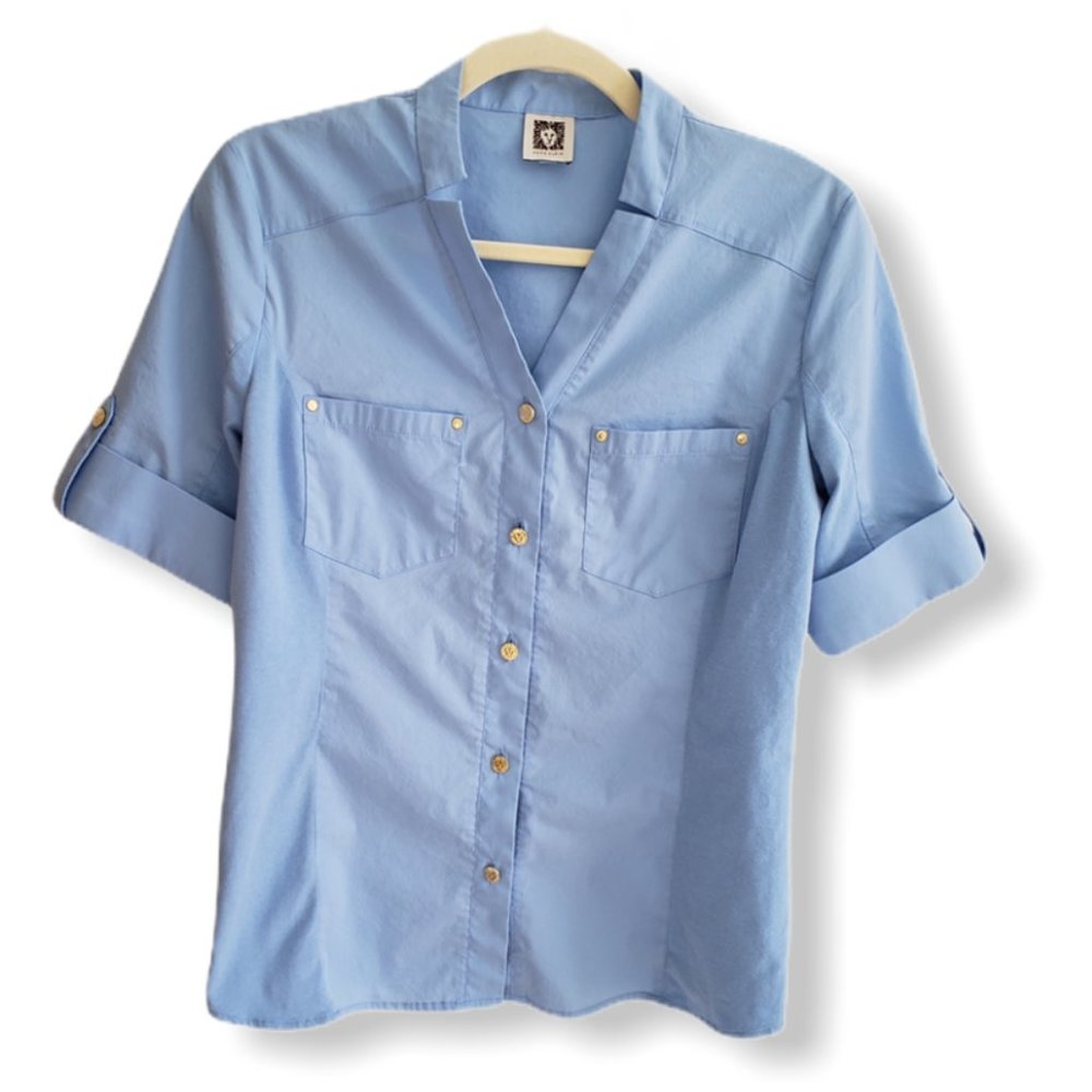 Anne Klein blue button down shirt gold buttons, S